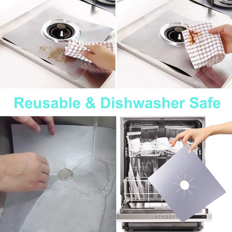 MSDADA Gas Stove Covers,8 Pcs 0.2mm 10.6" x 10.6" Gas Range Protectors with 2 Pcs Kitchen Silicone Gap Cover, Double Thickness, Non-Stick, Reusable And Dishwasher Safeï¼ˆSilverï¼‰ - Image 5